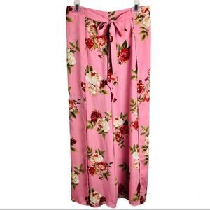 Y2K Floral Rose Wide Leg Pants - Side Slits Pink Women's Pants Size Small